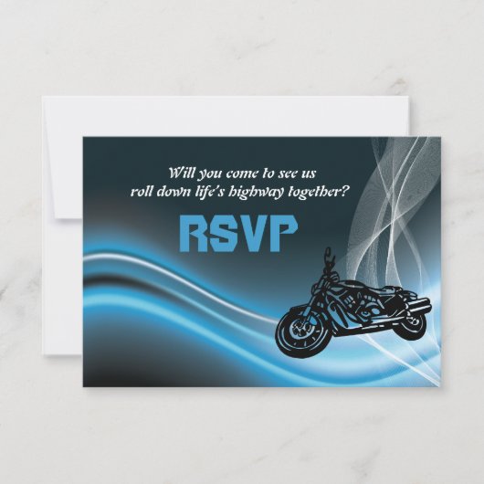 Blue road biker bruiloft RSVP responskaart (Voorkant)