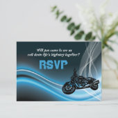 Blue road biker bruiloft RSVP responskaart (Staand voorkant)