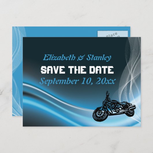 Blue road biker bruiloft Save the Date briefkaart (Voorkant / Achterkant)