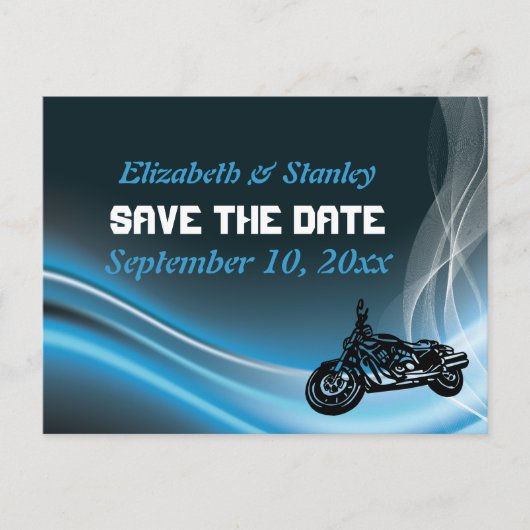 Blue road biker bruiloft Save the Date briefkaart (Voorkant)