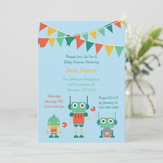 Blue Robot 5x7 Baby shower Kaart (Staand voorkant)