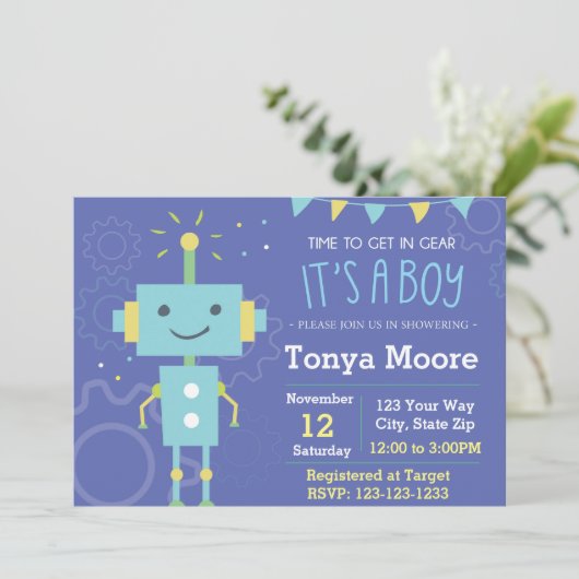 Blue Robot Baby shower Invitation Kaart (Staand voorkant)