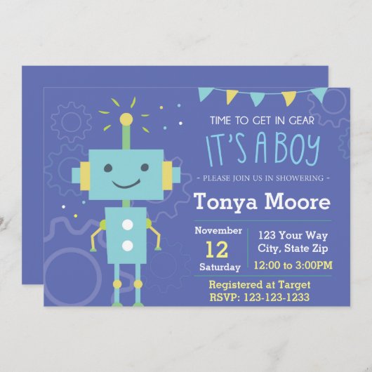 Blue Robot Baby shower Invitation Kaart (Voorkant / Achterkant)