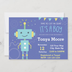 Blue Robot Baby shower Invitation Kaart