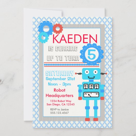 Blue Robot Birthday Invitation Modern Boys Kaart (Voorkant)