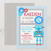 Blue Robot Birthday Invitation Modern Boys Kaart (Voorkant / Achterkant)