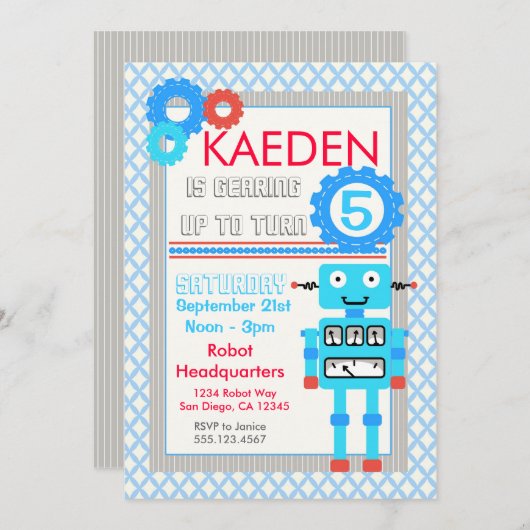 Blue Robot Birthday Invitation Modern Boys Kaart (Voorkant / Achterkant)