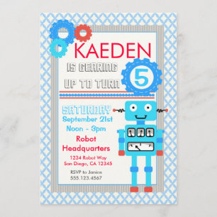 Blue Robot Birthday Invitation Modern Boys Kaart