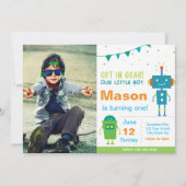Blue Robot Birthday Party nodigt u uit met foto Kaart (Voorkant)