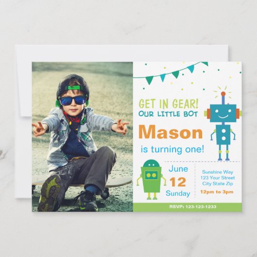 Blue Robot Birthday Party nodigt u uit met foto Kaart (Voorkant)