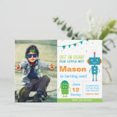 Blue Robot Birthday Party nodigt u uit met foto Kaart (Staand voorkant)