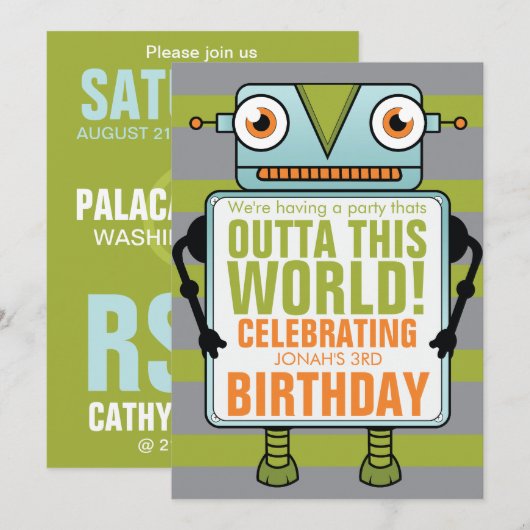 Blue Robot Childs Birthday Party Invitation Kaart (Voorkant / Achterkant)