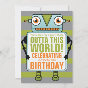 Blue Robot Childs Birthday Party Invitation Kaart