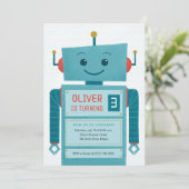 Blue Robot Kids Birthday Party Invitation Kaart (Staand voorkant)
