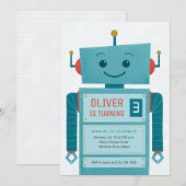 Blue Robot Kids Birthday Party Invitation Kaart (Voorkant / Achterkant)