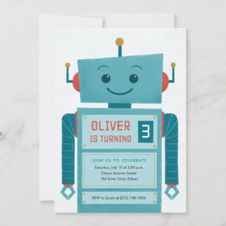Blue Robot Kids Birthday Party Invitation Kaart