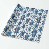 Blue Robot Pattern Cadeaupapier (Uitgerold)