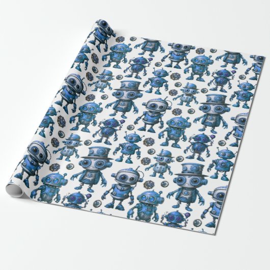 Blue Robot Pattern Cadeaupapier (Uitgerold)