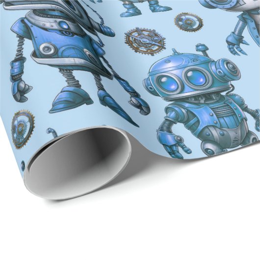 Blue Robot Pattern Cadeaupapier (Rol Hoek)