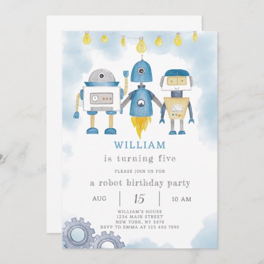 Blue Robot Verjaardag uitnodiging (Voorkant / Achterkant)