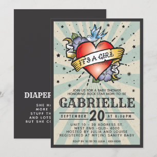 Blue Rock en Roll Tattoo Baby shower Invitation Kaart