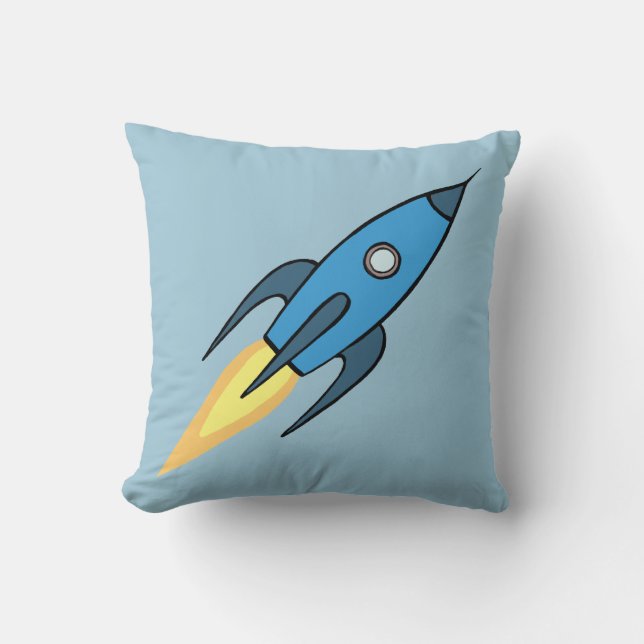 Blue Rocket Ship Buitenruimte Kinder Room Decor |  Kussen (Voorkant)
