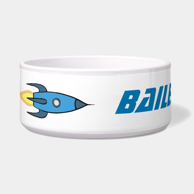 Blue Rocket Ship Buitenspace Specified Pet Name Voerbakje (Voorkant)