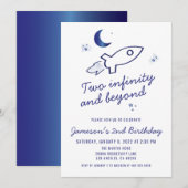 Blue Rocket Ship Buitenspatie 2e verjaardag Kaart (Voorkant / Achterkant)