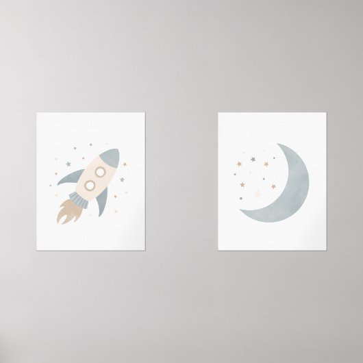 Blue Rocket Ship Moon Buitenruimte Kinder kamer Muurkunst Sets (Voorkant)