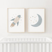 Blue Rocket Ship Moon Buitenruimte Kinder kamer Muurkunst Sets