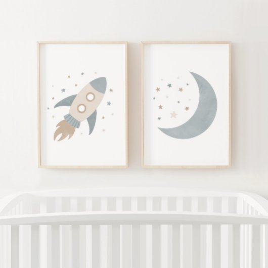Blue Rocket Ship Moon Buitenruimte Kinder kamer Muurkunst Sets