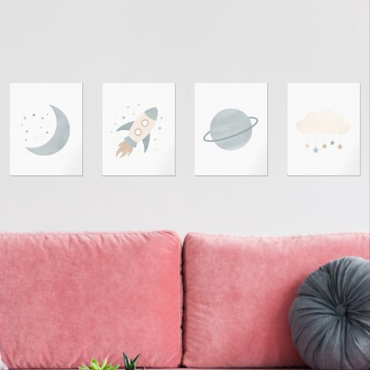 Blue Rocket Ship Moon Planet Buitenruimte Kinder k Muurkunst Sets (Woonkamer)