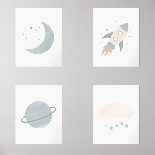 Blue Rocket Ship Moon Planet Buitenruimte Kinder k Muurkunst Sets (Voorkant)