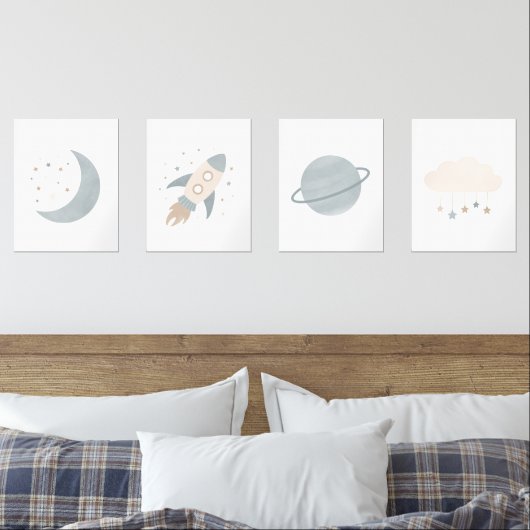 Blue Rocket Ship Moon Planet Buitenruimte Kinder k Muurkunst Sets (Slaapkamer)