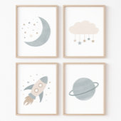 Blue Rocket Ship Moon Planet Buitenruimte Kinder k Muurkunst Sets