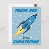 Blue Rocket Ship Outer Space Kinder Dank u | Jonge Briefkaart (Voorkant / Achterkant)