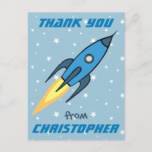 Blue Rocket Ship Outer Space Kinder Dank u | Jonge Briefkaart (Voorkant)