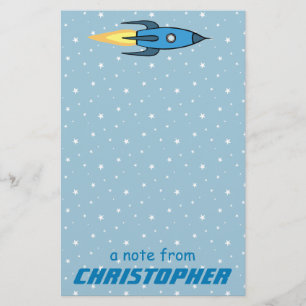 Blue Rocket Ship Outer Space Kinder gepersonalisee Briefpapier