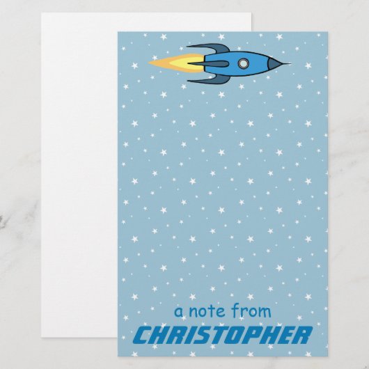 Blue Rocket Ship Outer Space Kinder gepersonalisee Briefpapier (Voorkant / Achterkant)
