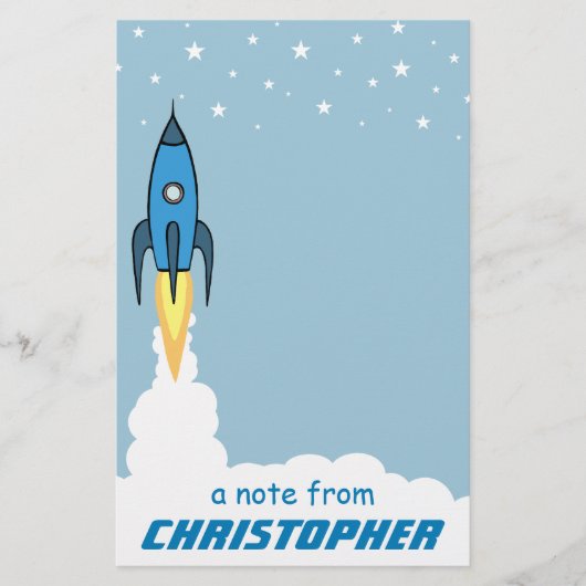 Blue Rocket Ship Outer Space Kinder naam Briefpapier (Voorkant)