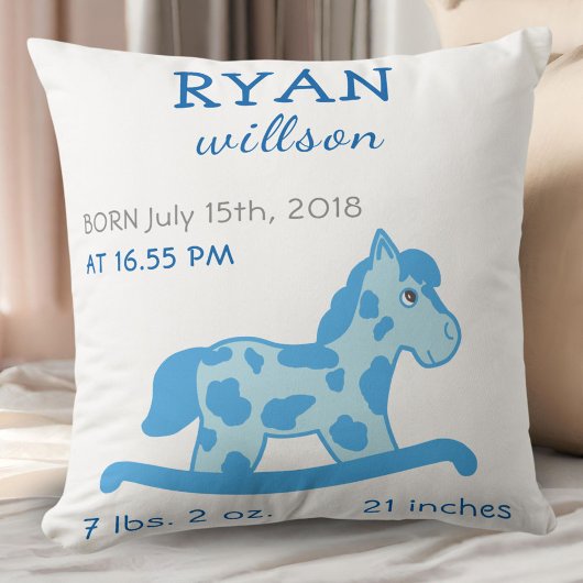 Blue Rocking Horse Baby Boy Birth Stats Kussen