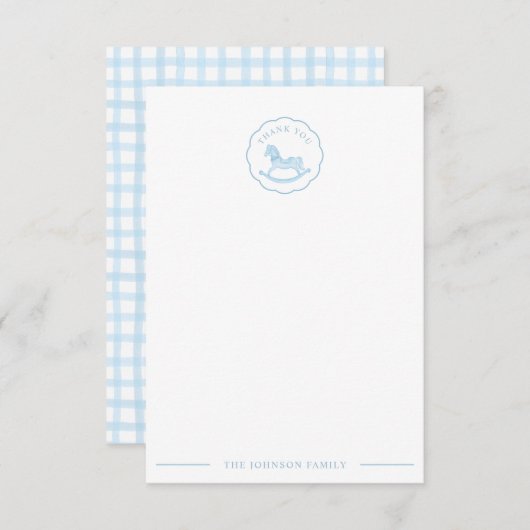 Blue Rocking Horse Baby shower Bedankt Card (Voorkant / Achterkant)