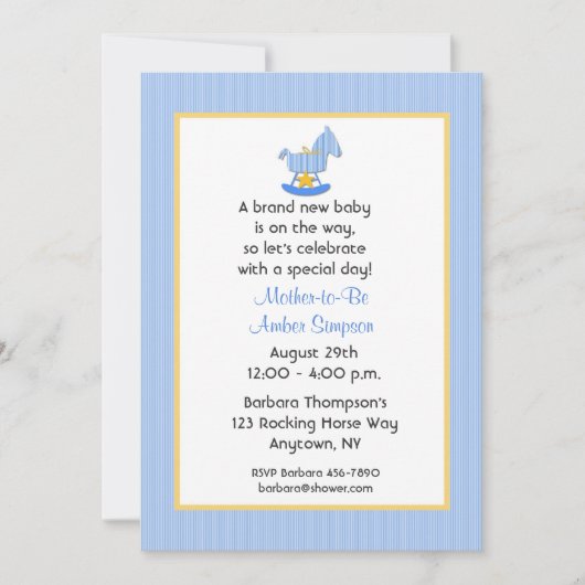 Blue Rocking Horse Baby shower Invitation Kaart (Voorkant)