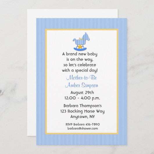 Blue Rocking Horse Baby shower Invitation Kaart (Voorkant / Achterkant)
