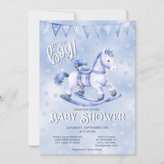 Blue Rocking Horse Baby shower Invitation Kaart (Voorkant)