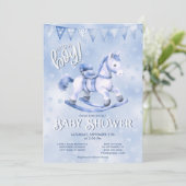 Blue Rocking Horse Baby shower Invitation Kaart (Staand voorkant)