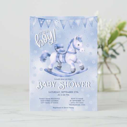 Blue Rocking Horse Baby shower Invitation Kaart (Staand voorkant)