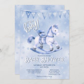 Blue Rocking Horse Baby shower Invitation Kaart (Voorkant / Achterkant)