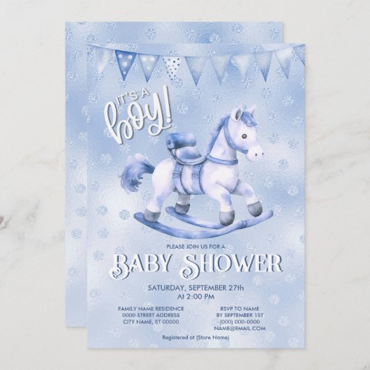 Blue Rocking Horse Baby shower Invitation Kaart (Voorkant / Achterkant)