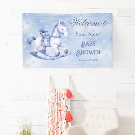 Blue Rocking Horse Baby shower Welkom Spandoek (Insitu)